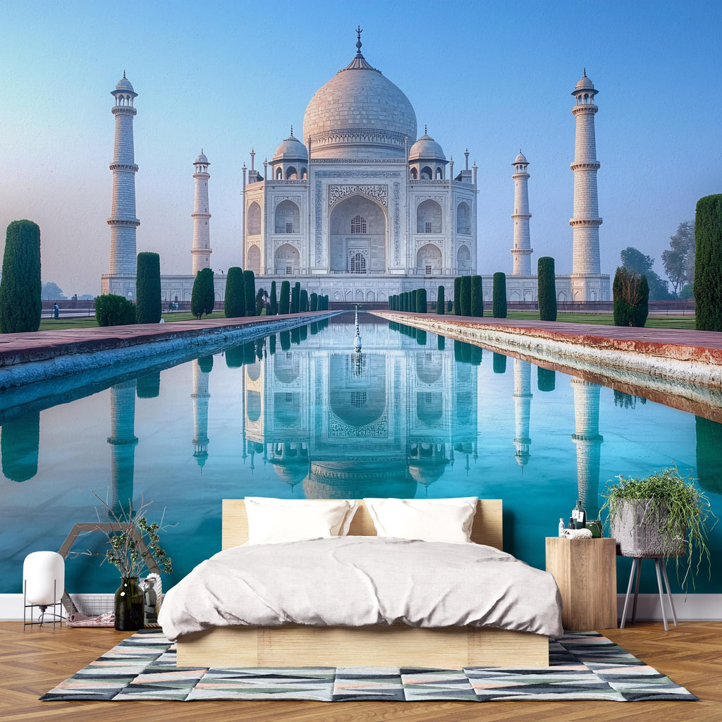Taj Mahal Wallpaper – 3D Wall Mural with Water Reflection of Iconic Indian Landmark – Bold Modern Stylish Wall Decor Gift for Travel Lovers