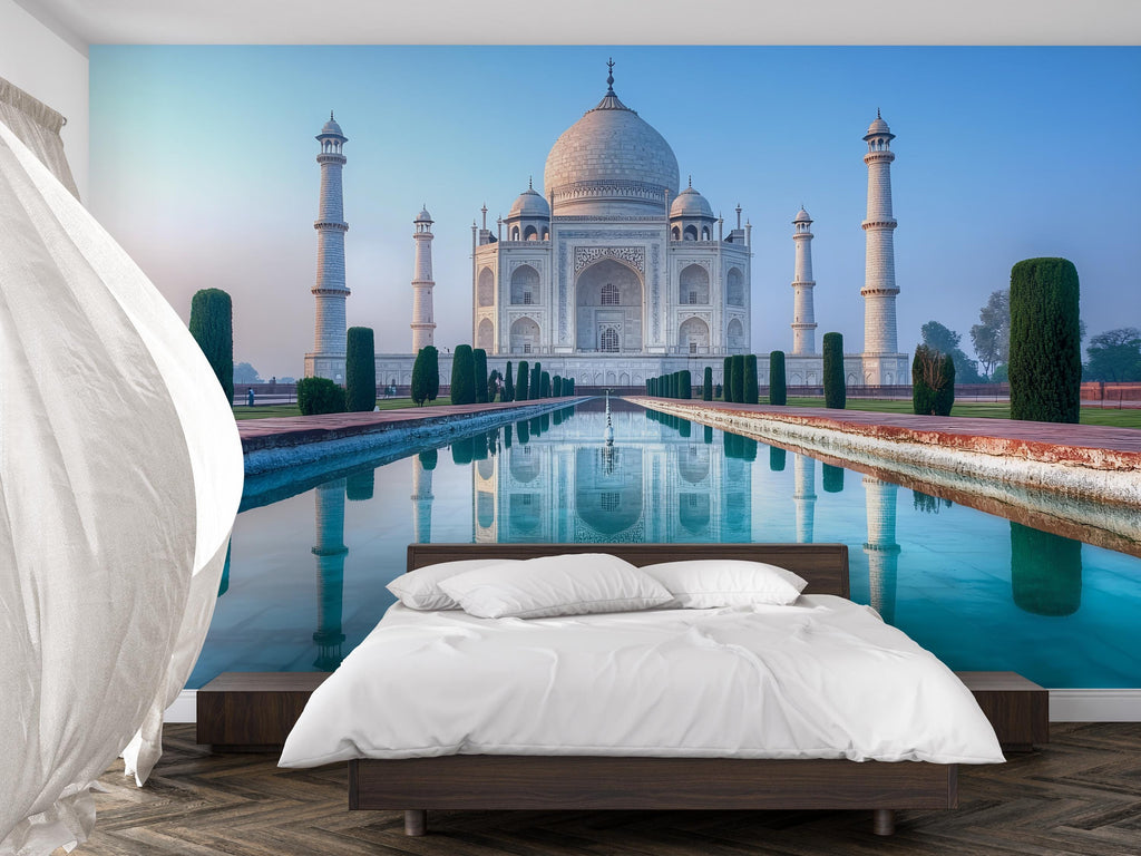 Taj Mahal Wallpaper – 3D Wall Mural with Water Reflection of Iconic Indian Landmark – Bold Modern Stylish Wall Decor Gift for Travel Lovers