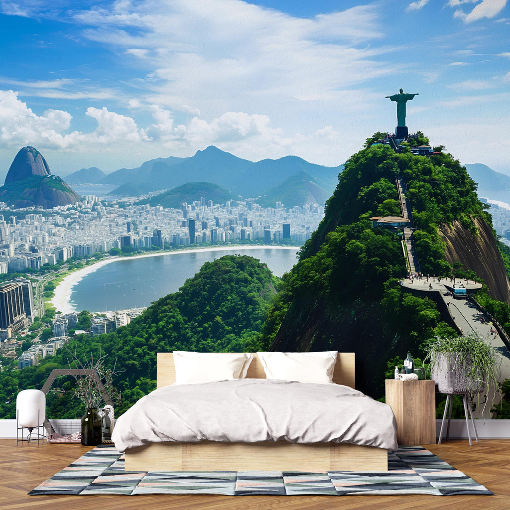 Rio de Janeiro Christ the Redeemer Wallpaper – 3D Wall Mural with City Skyline and Bay View – Bold Modern Stylish Wall Decor Gift