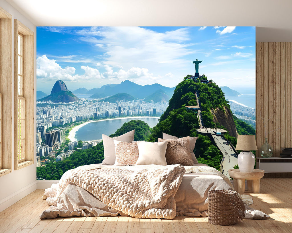 Rio de Janeiro Christ the Redeemer Wallpaper – 3D Wall Mural with City Skyline and Bay View – Bold Modern Stylish Wall Decor Gift