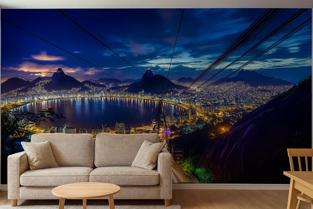 Rio de Janeiro Night Skyline Wallpaper – 3D Wall Mural with Sugarloaf Cable Car & City Lights – Bold Modern Stylish Wall Decor Gift