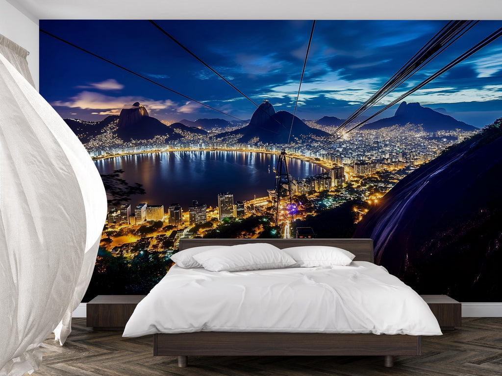 Rio de Janeiro Night Skyline Wallpaper – 3D Wall Mural with Sugarloaf Cable Car & City Lights – Bold Modern Stylish Wall Decor Gift
