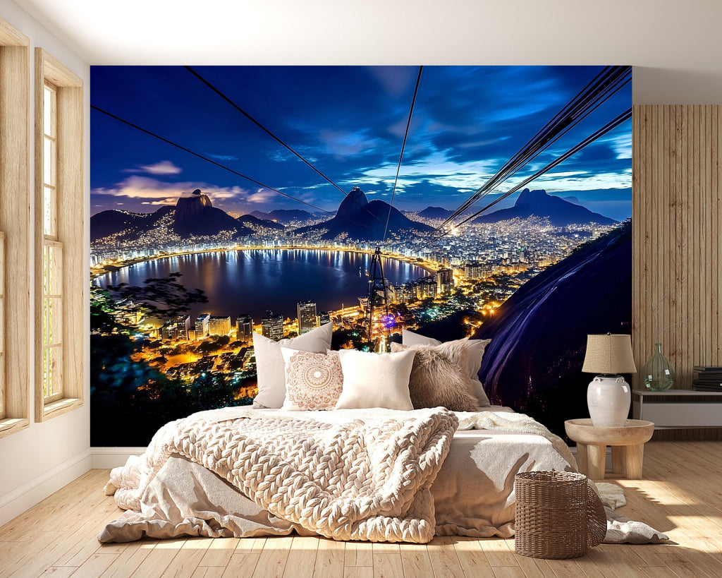 Rio de Janeiro Night Skyline Wallpaper – 3D Wall Mural with Sugarloaf Cable Car & City Lights – Bold Modern Stylish Wall Decor Gift