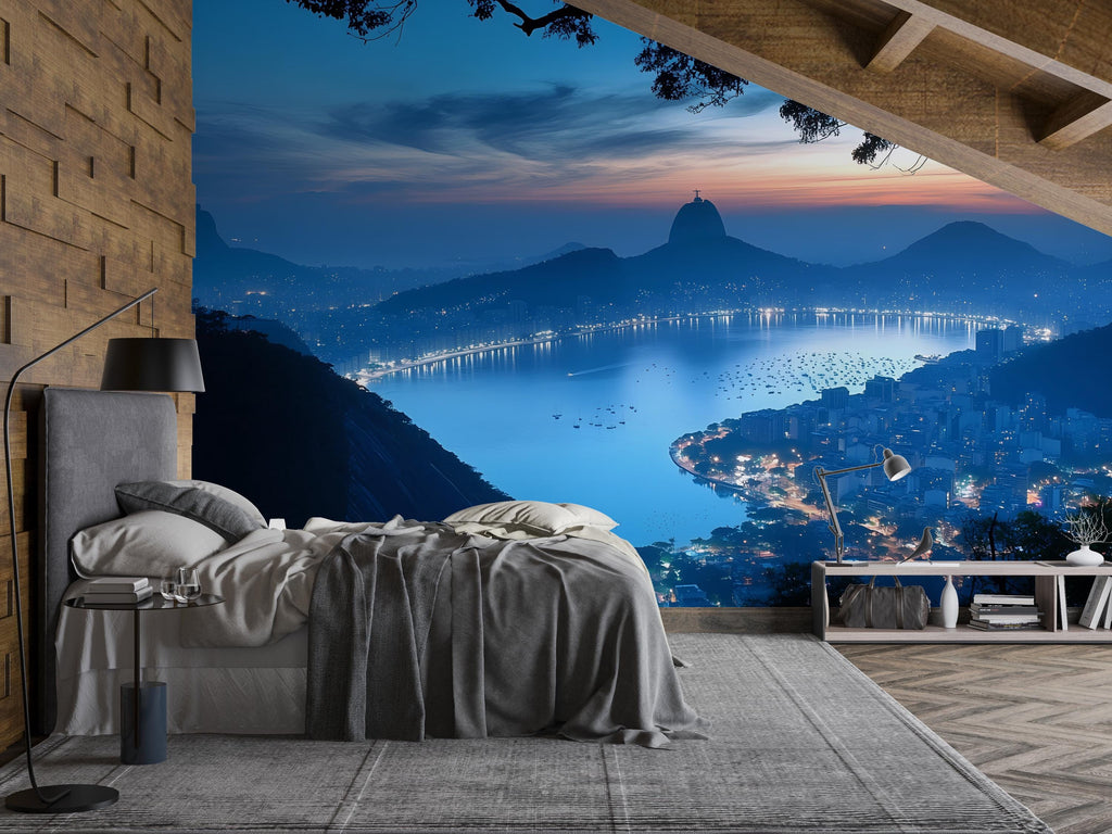 Rio de Janeiro Evening Wallpaper – 3D Wall Mural with Sugarloaf Mountain Skyline & Bay View – Bold Modern Stylish Wall Decor Gift