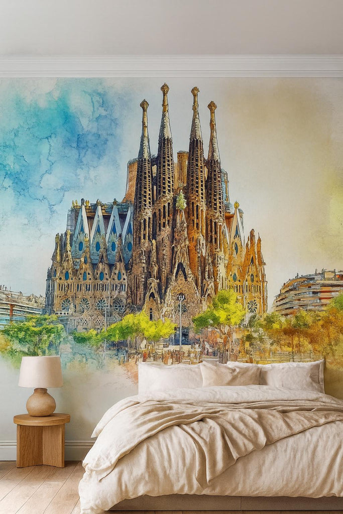 Barcelona Sagrada Familia Wallpaper – Watercolor 3D Wall Mural of Iconic Spanish Landmark – Bold Modern Stylish Wall Decor Gift