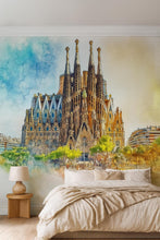 Load image into Gallery viewer, Barcelona Sagrada Familia Wallpaper – Watercolor 3D Wall Mural of Iconic Spanish Landmark – Bold Modern Stylish Wall Decor Gift