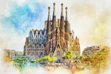 Load image into Gallery viewer, Barcelona Sagrada Familia Wallpaper – Watercolor 3D Wall Mural of Iconic Spanish Landmark – Bold Modern Stylish Wall Decor Gift