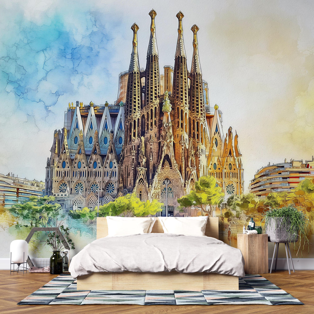 Barcelona Sagrada Familia Wallpaper – Watercolor 3D Wall Mural of Iconic Spanish Landmark – Bold Modern Stylish Wall Decor Gift