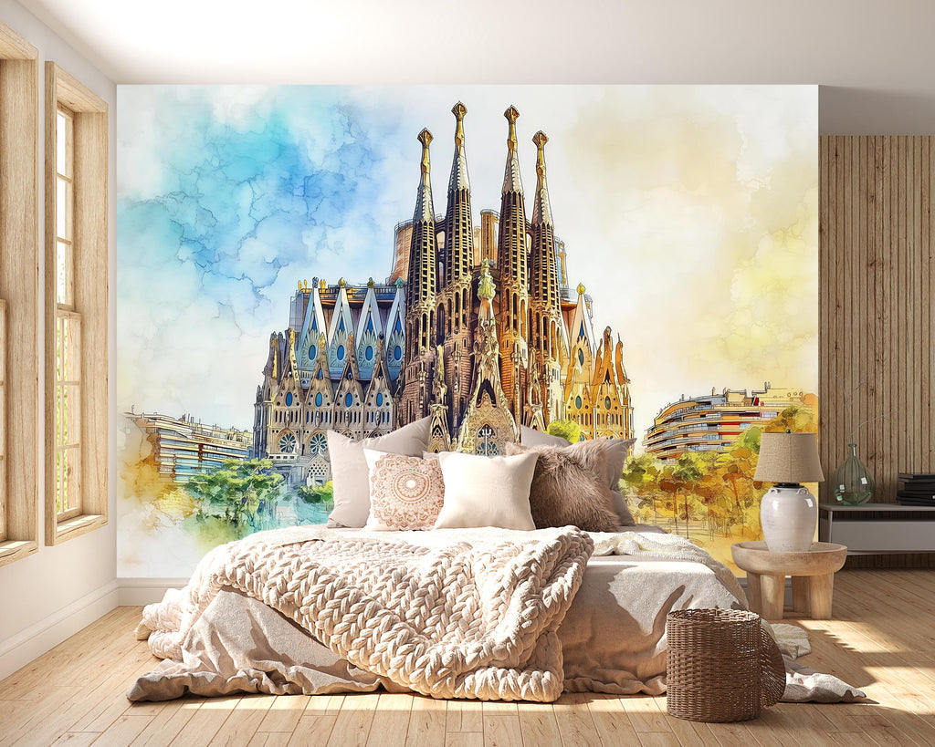Barcelona Sagrada Familia Wallpaper – Watercolor 3D Wall Mural of Iconic Spanish Landmark – Bold Modern Stylish Wall Decor Gift