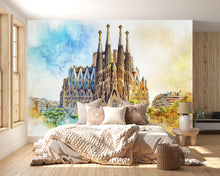 Load image into Gallery viewer, Barcelona Sagrada Familia Wallpaper – Watercolor 3D Wall Mural of Iconic Spanish Landmark – Bold Modern Stylish Wall Decor Gift