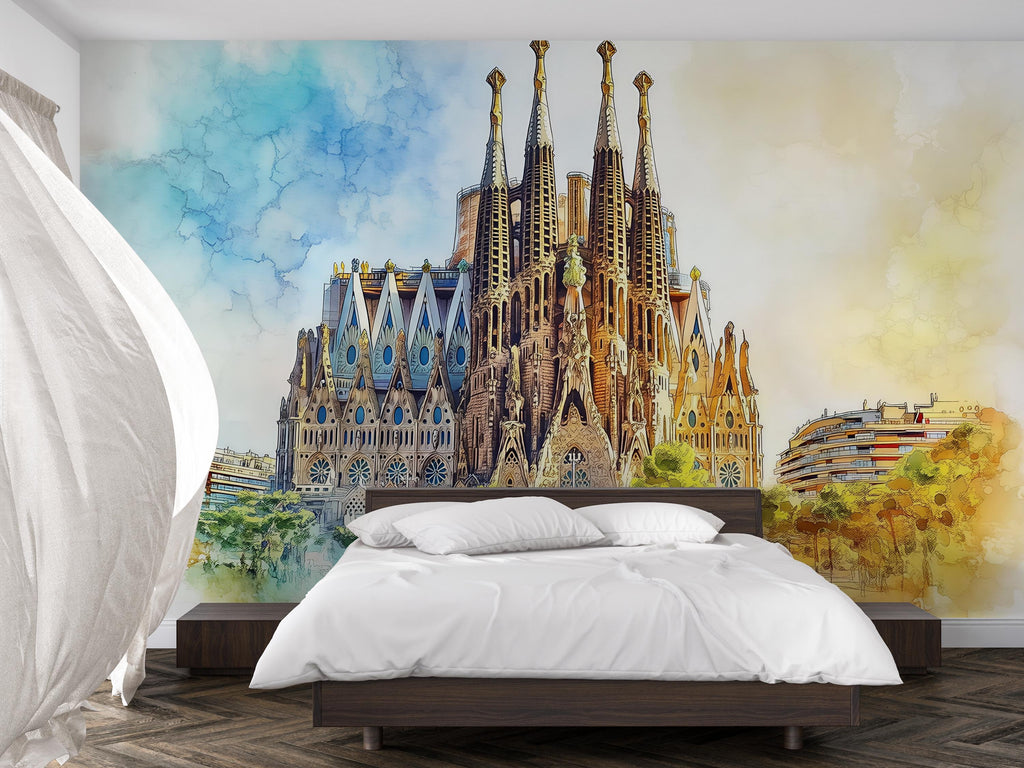 Barcelona Sagrada Familia Wallpaper – Watercolor 3D Wall Mural of Iconic Spanish Landmark – Bold Modern Stylish Wall Decor Gift