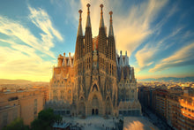 Load image into Gallery viewer, Barcelona Sagrada Familia Wallpaper – 3D Wall Mural with Sunset Skyline of Iconic Spanish Landmark – Bold Modern Stylish Wall Decor