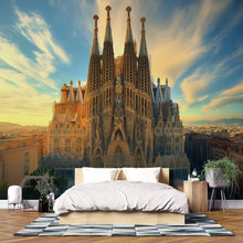 Load image into Gallery viewer, Barcelona Sagrada Familia Wallpaper – 3D Wall Mural with Sunset Skyline of Iconic Spanish Landmark – Bold Modern Stylish Wall Decor