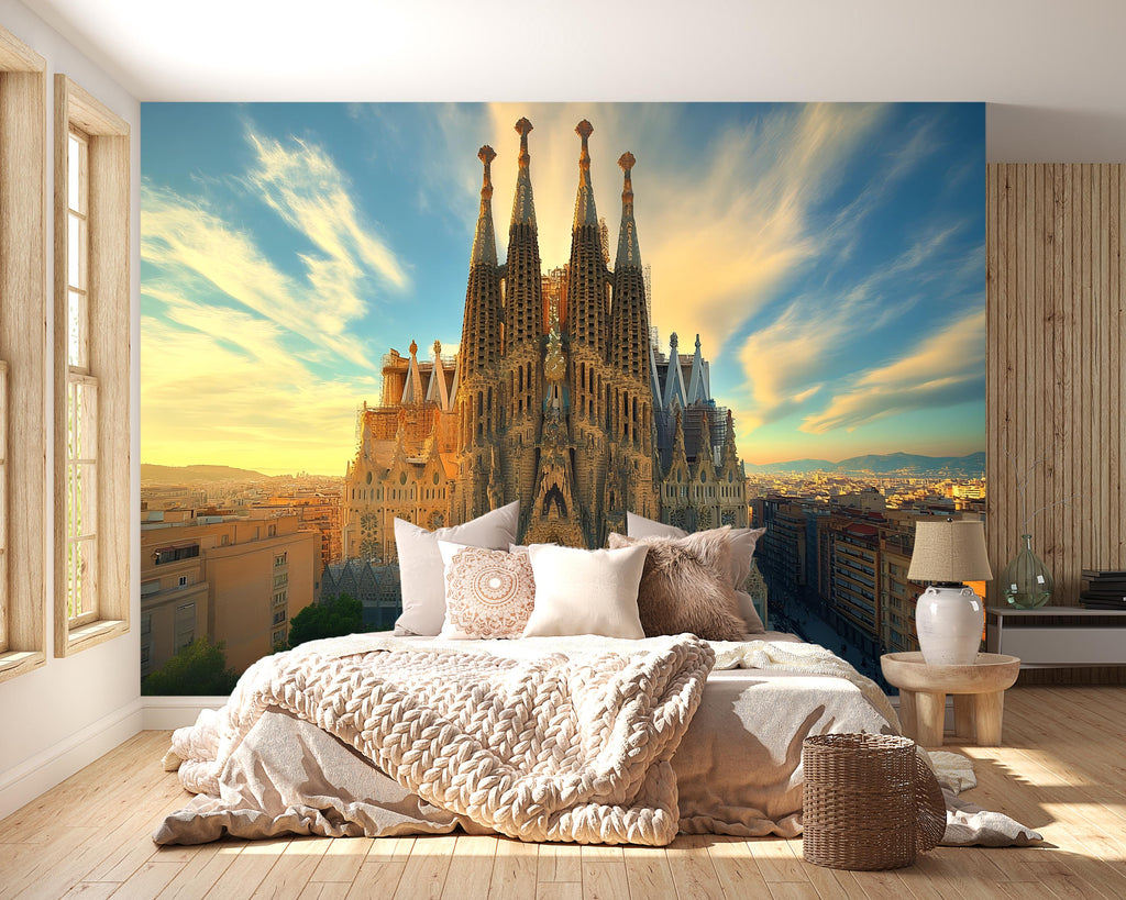 Barcelona Sagrada Familia Wallpaper – 3D Wall Mural with Sunset Skyline of Iconic Spanish Landmark – Bold Modern Stylish Wall Decor