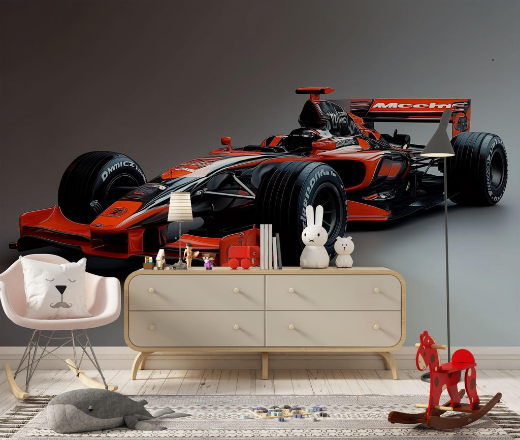 Formula 1 Racing Car 3D Wallpaper Mural – Modern Bold Wall Decor for Kids Room, Boys Bedroom, Playroom, Stylish Motorsport Gift, Removable