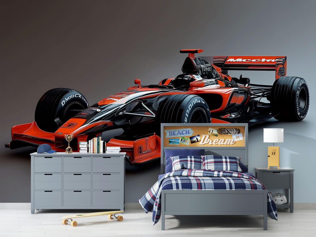 Formula 1 Racing Car 3D Wallpaper Mural – Modern Bold Wall Decor for Kids Room, Boys Bedroom, Playroom, Stylish Motorsport Gift, Removable