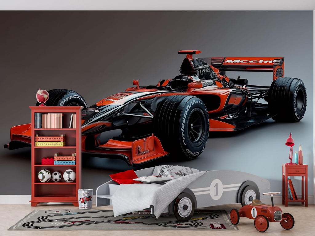 Formula 1 Racing Car 3D Wallpaper Mural – Modern Bold Wall Decor for Kids Room, Boys Bedroom, Playroom, Stylish Motorsport Gift, Removable