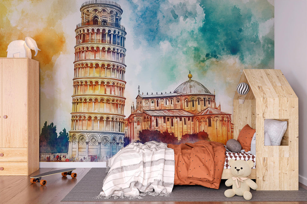 Leaning Tower of Pisa Wallpaper – Watercolor 3D Wall Mural with Iconic Italian Landmark – Bold Modern Stylish Wall Decor Gift