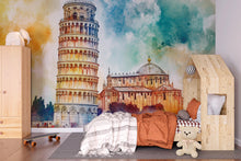 Load image into Gallery viewer, Leaning Tower of Pisa Wallpaper – Watercolor 3D Wall Mural with Iconic Italian Landmark – Bold Modern Stylish Wall Decor Gift