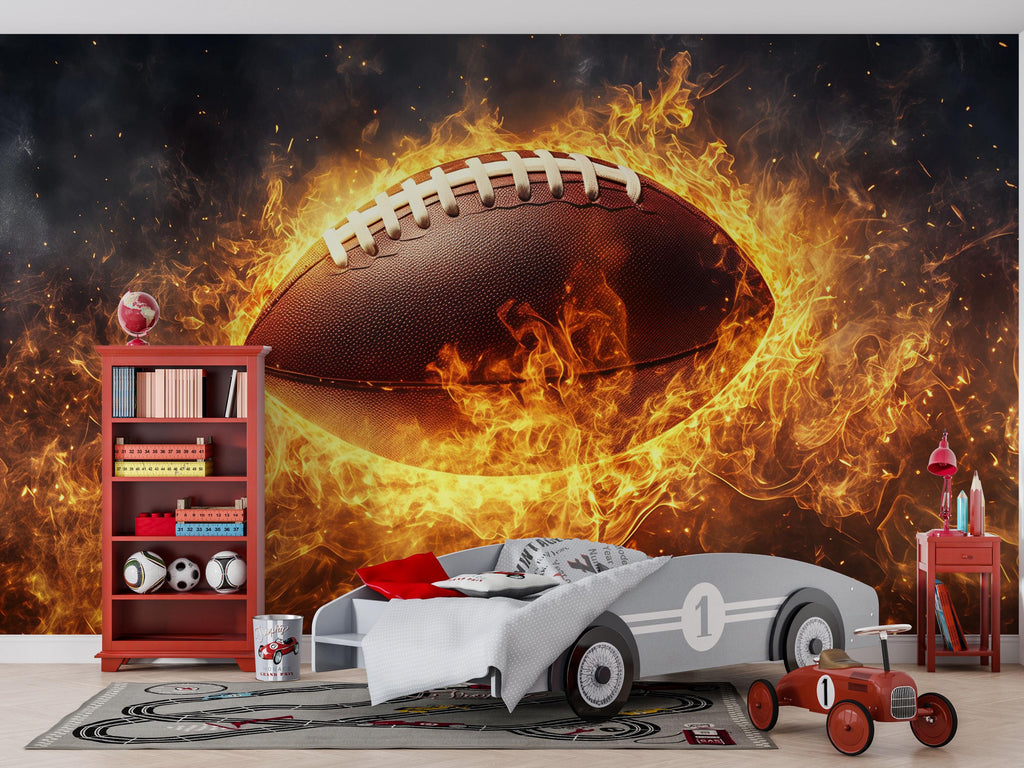 Flaming Football 3D Wallpaper Sports Wall Mural | Modern Bold Wall Decor for Game Room, Boys Bedroom, Teen Room, Sports Fan Gift, Stylish