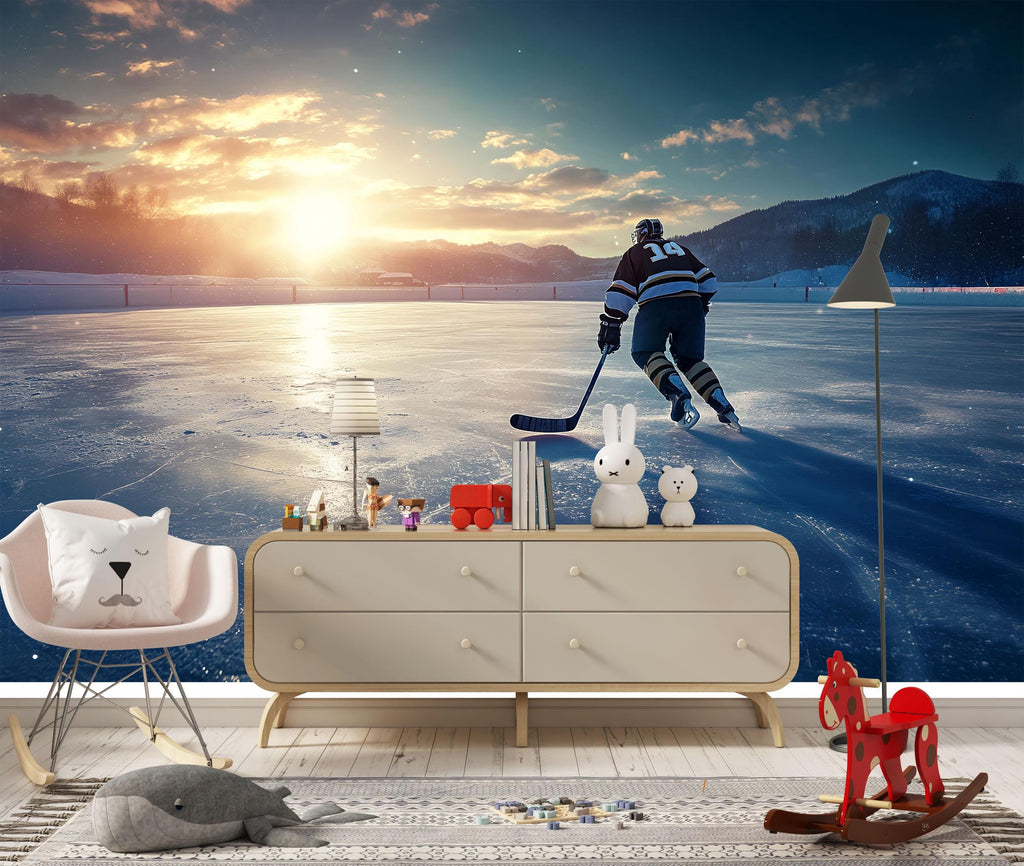 Ice Hockey Wall Mural Wallpaper | 3D Sports Room Decor | Boys Bedroom Hockey Rink Wall Art | Modern Bold Wallpaper Gift for Hockey Fans