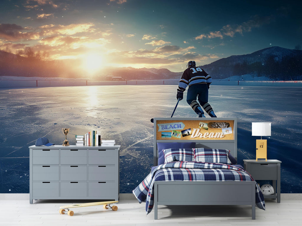 Ice Hockey Wall Mural Wallpaper | 3D Sports Room Decor | Boys Bedroom Hockey Rink Wall Art | Modern Bold Wallpaper Gift for Hockey Fans