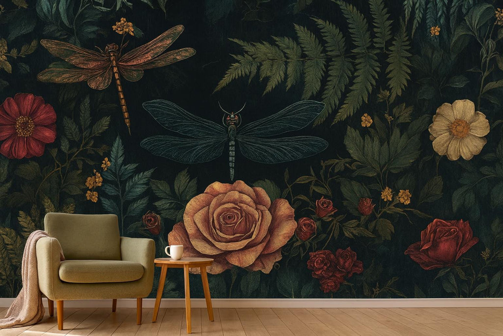 Dark Floral Wallpaper Mural – 3D Botanical Wall Decor with Roses & Dragonflies – Bold Modern Stylish Wall Art Gift for Nature Lovers