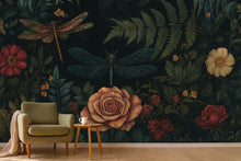 Load image into Gallery viewer, Dark Floral Wallpaper Mural – 3D Botanical Wall Decor with Roses &amp; Dragonflies – Bold Modern Stylish Wall Art Gift for Nature Lovers