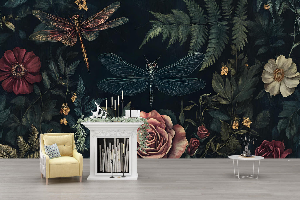 Dark Floral Wallpaper Mural – 3D Botanical Wall Decor with Roses & Dragonflies – Bold Modern Stylish Wall Art Gift for Nature Lovers