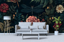 Load image into Gallery viewer, Dark Floral Wallpaper Mural – 3D Botanical Wall Decor with Roses &amp; Dragonflies – Bold Modern Stylish Wall Art Gift for Nature Lovers