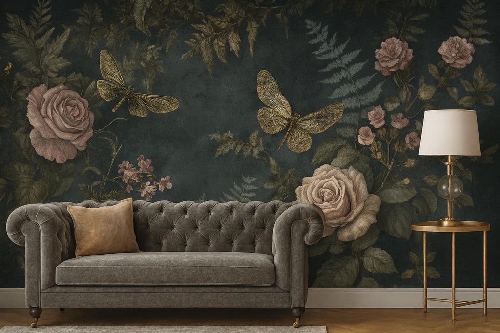 Dark Botanical Wallpaper – 3D Floral Wall Mural with Roses & Dragonflies – Bold Modern Stylish Wall Decor Gift for Nature and Art Lovers