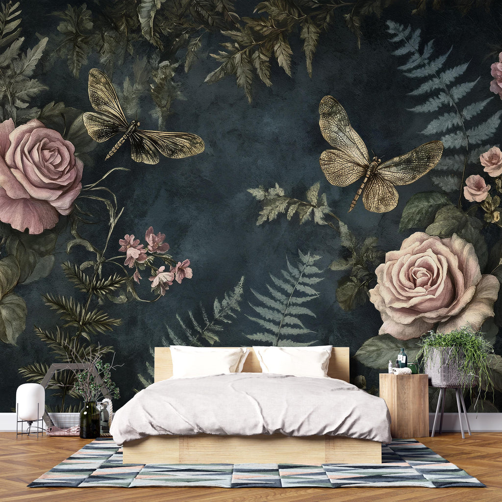 Dark Botanical Wallpaper – 3D Floral Wall Mural with Roses & Dragonflies – Bold Modern Stylish Wall Decor Gift for Nature and Art Lovers