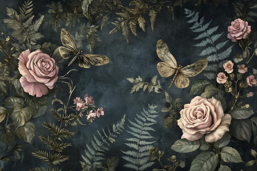 Dark Botanical Wallpaper – 3D Floral Wall Mural with Roses & Dragonflies – Bold Modern Stylish Wall Decor Gift for Nature and Art Lovers