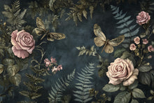 Load image into Gallery viewer, Dark Botanical Wallpaper – 3D Floral Wall Mural with Roses &amp; Dragonflies – Bold Modern Stylish Wall Decor Gift for Nature and Art Lovers