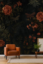 Load image into Gallery viewer, Dark Rose Floral Wallpaper – 3D Botanical Wall Mural with Roses &amp; Dragonflies – Bold Modern Stylish Wall Decor Gift for Nature Lovers