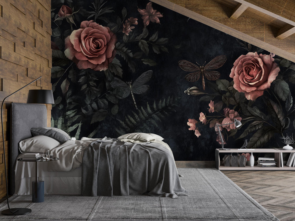 Dark Rose Floral Wallpaper – 3D Botanical Wall Mural with Roses & Dragonflies – Bold Modern Stylish Wall Decor Gift for Nature Lovers