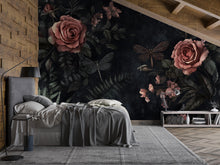 Load image into Gallery viewer, Dark Rose Floral Wallpaper – 3D Botanical Wall Mural with Roses &amp; Dragonflies – Bold Modern Stylish Wall Decor Gift for Nature Lovers