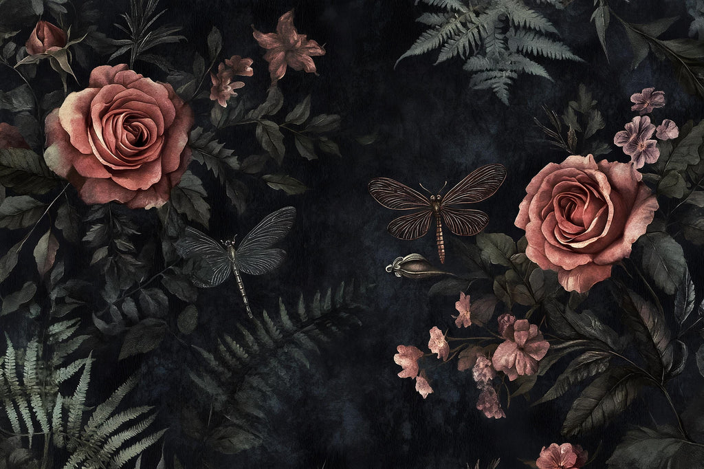 Dark Rose Floral Wallpaper – 3D Botanical Wall Mural with Roses & Dragonflies – Bold Modern Stylish Wall Decor Gift for Nature Lovers