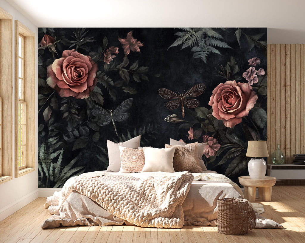 Dark Rose Floral Wallpaper – 3D Botanical Wall Mural with Roses & Dragonflies – Bold Modern Stylish Wall Decor Gift for Nature Lovers