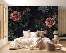 Load image into Gallery viewer, Dark Rose Floral Wallpaper – 3D Botanical Wall Mural with Roses &amp; Dragonflies – Bold Modern Stylish Wall Decor Gift for Nature Lovers