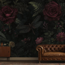 Load image into Gallery viewer, Dark Rose Floral Wallpaper – 3D Botanical Wall Mural with Burgundy Roses &amp; Dragonfly – Bold Modern Stylish Wall Decor Gift for Nature Lovers