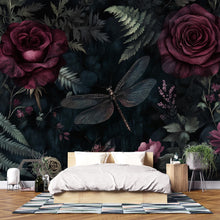 Load image into Gallery viewer, Dark Rose Floral Wallpaper – 3D Botanical Wall Mural with Burgundy Roses &amp; Dragonfly – Bold Modern Stylish Wall Decor Gift for Nature Lovers