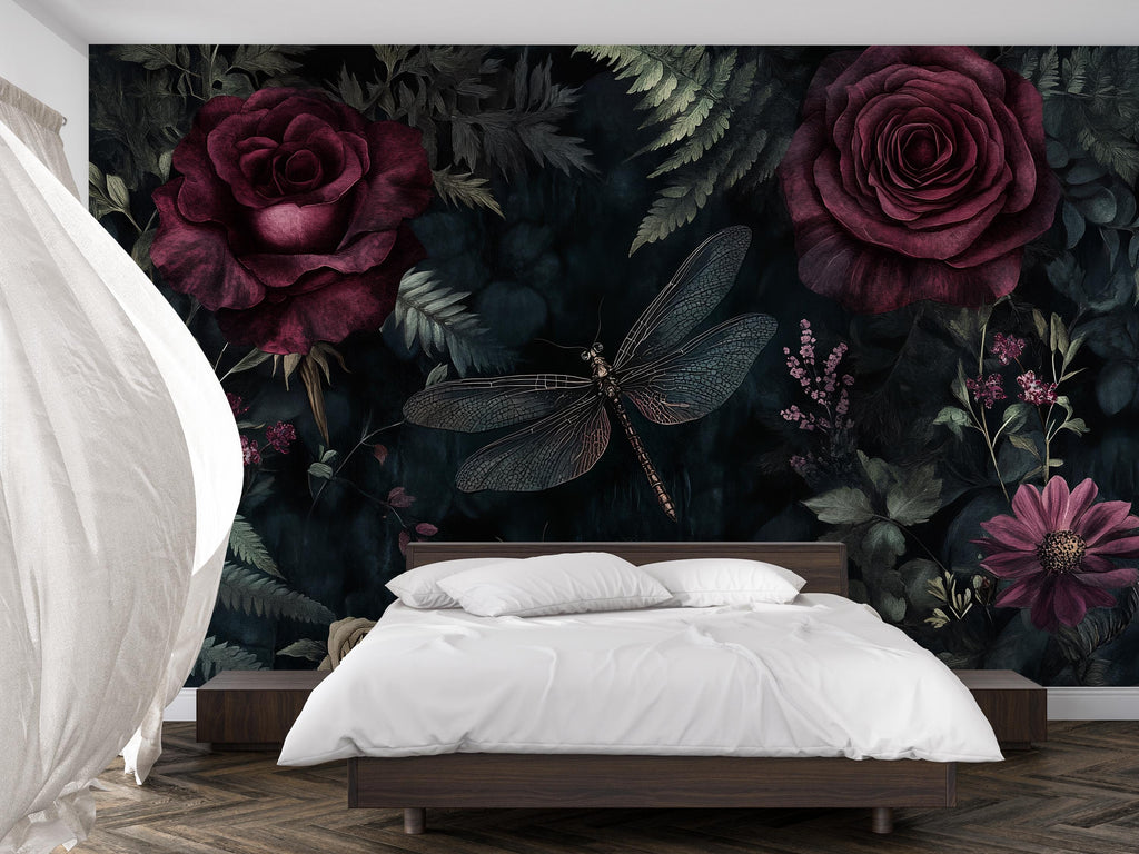 Dark Rose Floral Wallpaper – 3D Botanical Wall Mural with Burgundy Roses & Dragonfly – Bold Modern Stylish Wall Decor Gift for Nature Lovers