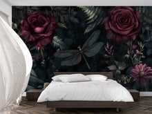 Load image into Gallery viewer, Dark Rose Floral Wallpaper – 3D Botanical Wall Mural with Burgundy Roses &amp; Dragonfly – Bold Modern Stylish Wall Decor Gift for Nature Lovers
