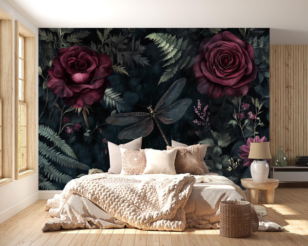 Dark Rose Floral Wallpaper – 3D Botanical Wall Mural with Burgundy Roses & Dragonfly – Bold Modern Stylish Wall Decor Gift for Nature Lovers