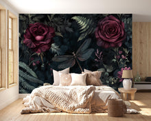 Load image into Gallery viewer, Dark Rose Floral Wallpaper – 3D Botanical Wall Mural with Burgundy Roses &amp; Dragonfly – Bold Modern Stylish Wall Decor Gift for Nature Lovers