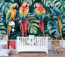 Load image into Gallery viewer, Colorful Parrot Jungle Wallpaper – Tropical Bird Nursery Wall Mural with Macaws &amp; Palm Leaves – 3D Bold Stylish Wall Decor Gift for Kids