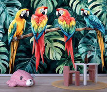 Load image into Gallery viewer, Colorful Parrot Jungle Wallpaper – Tropical Bird Nursery Wall Mural with Macaws &amp; Palm Leaves – 3D Bold Stylish Wall Decor Gift for Kids