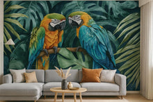 Load image into Gallery viewer, Tropical Parrot Duo Jungle Wallpaper – Vibrant Macaw Bird Wall Mural with Palm Leaves – Bold 3D Stylish Wall Decor Gift for Nursery