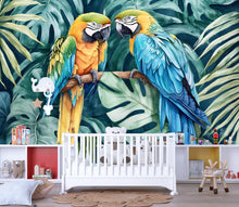 Load image into Gallery viewer, Tropical Parrot Duo Jungle Wallpaper – Vibrant Macaw Bird Wall Mural with Palm Leaves – Bold 3D Stylish Wall Decor Gift for Nursery
